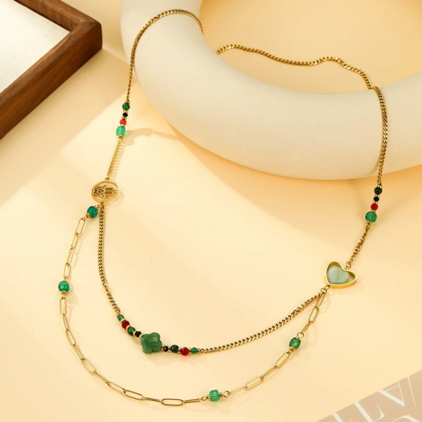 Collier Sautoir Double Chaîne Avec Perles Multicolores et Cœur Vert - 1