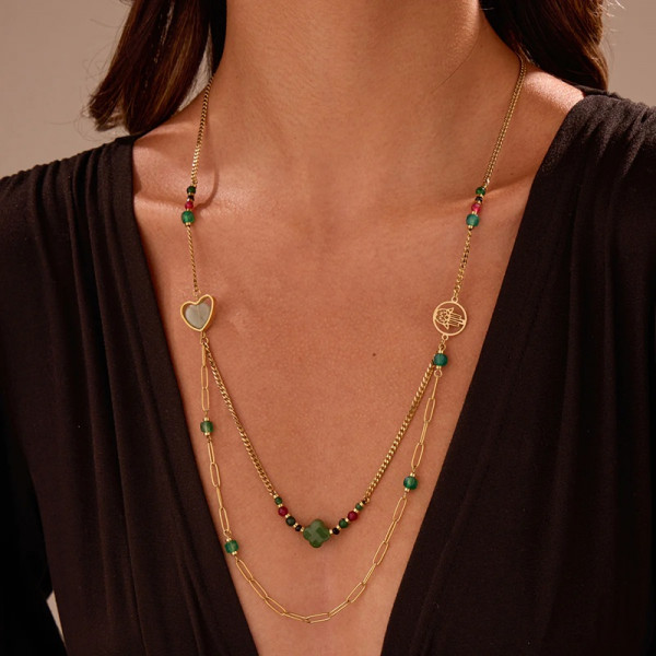 Collier Sautoir Double Chaîne Avec Perles Multicolores et Cœur Vert - 2
