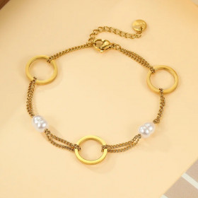 Bracelet Double Chaîne Dorée à Anneaux Ronds et Perles Blanches - 1