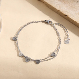 Bracelet argenté double chaîne fine avec cœurs lisses gravés Love ou strassés - 1