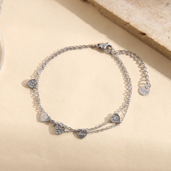 Bracelet argenté double chaîne fine avec cœurs lisses gravés Love ou strassés - 1