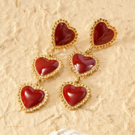 Boucles d'oreilles triples cœurs pendants rouge - 1