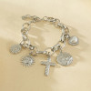 Bracelet chaîne argentée pendentifs martelés croix, soleil et cœur