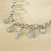 Collier chaîne argentée pendentifs martelés croix, soleil et cœur