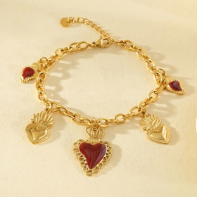 Bracelet chaîne dorée pendentifs cœurs ex-voto centre émail rouge - 1