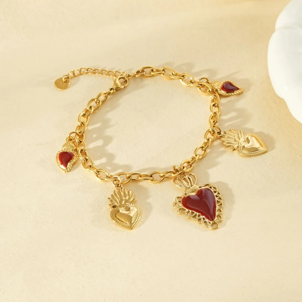 Bracelet chaîne dorée pendentifs cœurs ex-voto centre émail rouge - 2