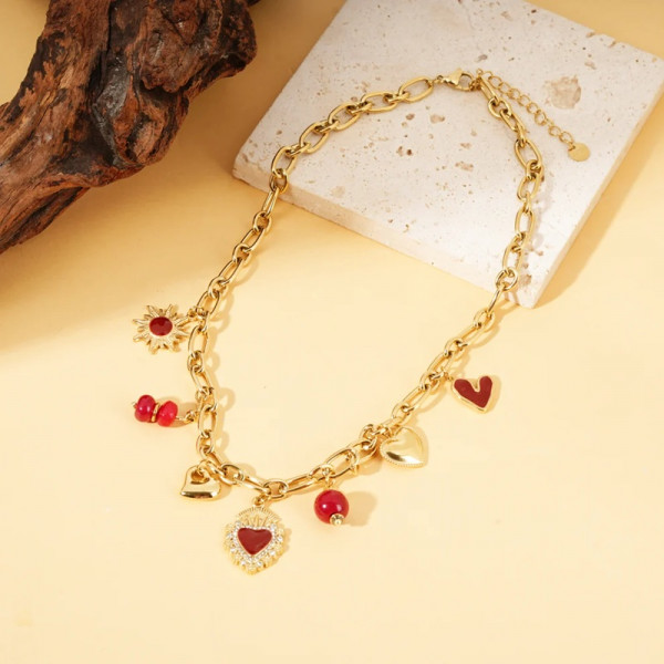 Collier chaîne dorée pendentifs cœurs ex-voto perles rouge - 1