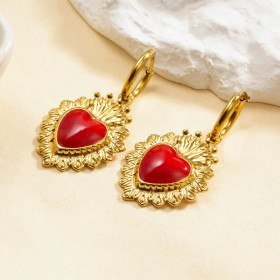 Boucles d'oreilles créoles pendantes cœur ex-voto centre rouge - 1
