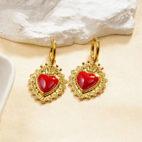 Boucles d'oreilles créoles pendantes cœur ex-voto centre rouge - 2