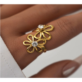 Bague dorée ajustable ornement double fleurs avec strass central - 1