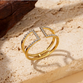 Bague dorée ouverte à l’avant avec strass incrustés - 1