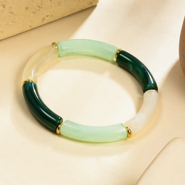 Bracelet Élastique Résine Couleur Vert Clair, Vert Foncé et Ivoire - 1