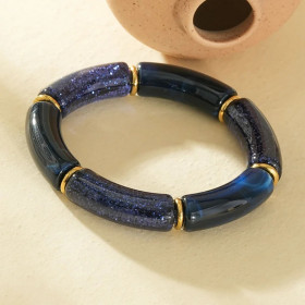 Bracelet élastique segments résine bleu et pailletée séparateurs dorés - 1