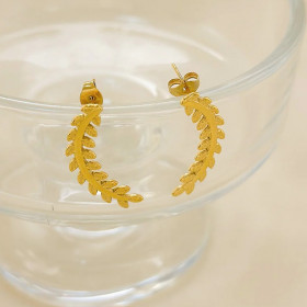 Boucles d'Oreilles Dorées Feuilles Lauriers Texturées Brillantes - 1