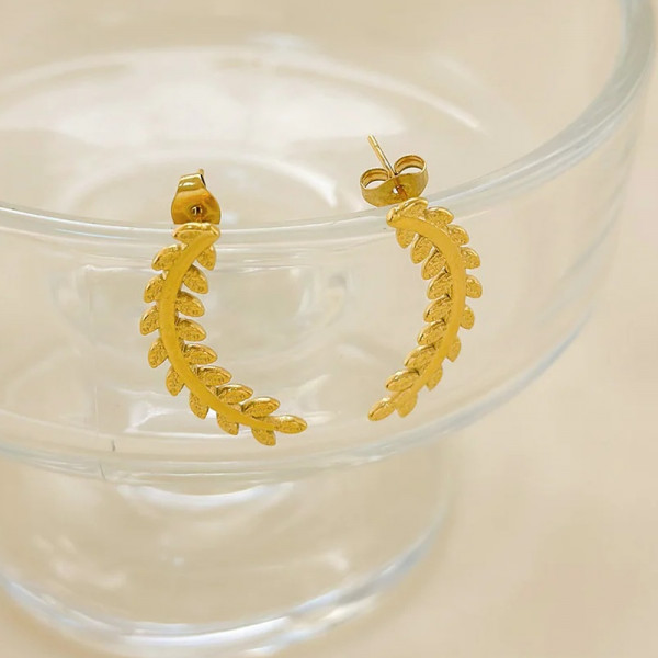 Boucles d'Oreilles Dorées Feuilles Lauriers Texturées Brillantes - 1