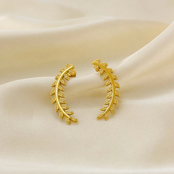 Boucles d'Oreilles Dorées Feuilles Lauriers Texturées Brillantes - 2