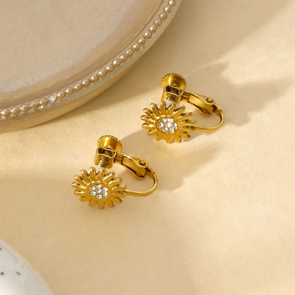 Boucles d'Oreilles à Clips Dorées Avec Motif Fleur Et Strass - 2