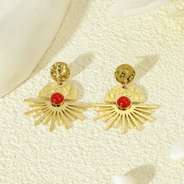 Boucles D'oreilles Dorées Pierre Jade Rouge Eclat Martelées - 1