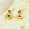 Boucles D'oreilles Dorées Pierre Jade Rouge Eclat Martelées - 1