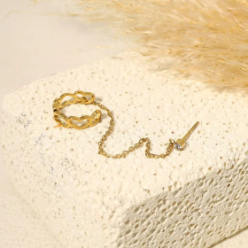 Bague d'Oreille Cœur Ear Cuff Lié Par Une Chaîne À Une Boucle Unique Strass - 1