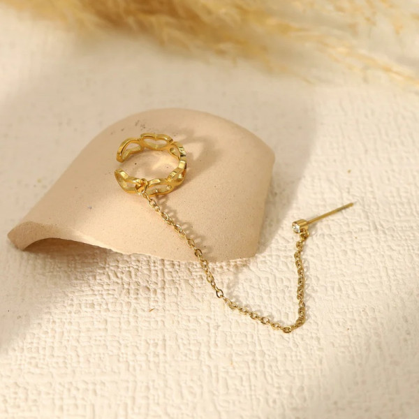 Bague d'Oreille Cœur Ear Cuff Lié Par Une Chaîne À Une Boucle Unique Strass - 2