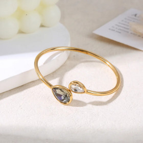 Bracelet manchette dorée ouvert par l'avant avec cristaux de verres en goutte - 1