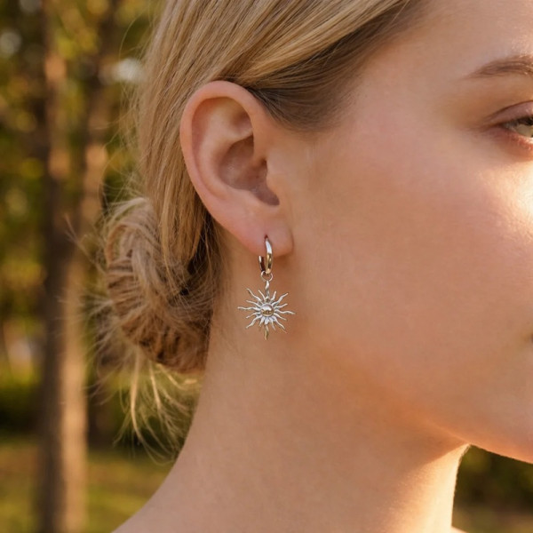Boucles d’oreilles créoles pendentif soleil argentées - 2