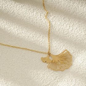 Collier Chaîne Fine Dorée Avec Double Feuille De Ginkgo - 1