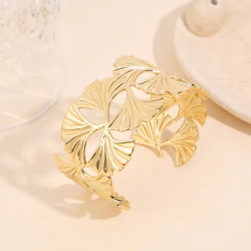 Bracelet Doré Manchette Ouverte Brillante Feuilles De Ginkgo - 1