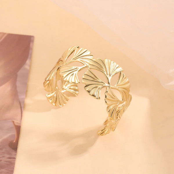 Bracelet Doré Manchette Ouverte Brillante Feuilles De Ginkgo - 2