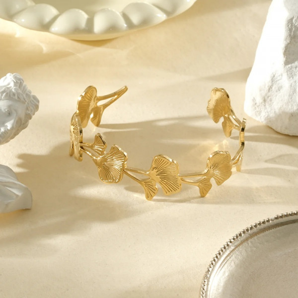Bracelet manchette à feuilles de ginkgo sculptées - 2