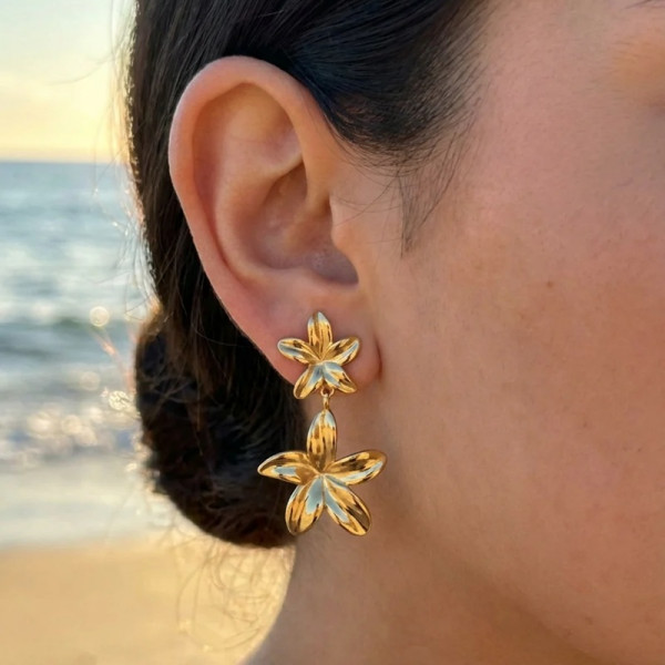 Boucles d’oreilles pendantes à doubles fleurs brillantes - 1