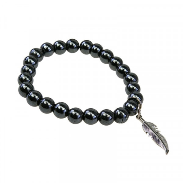 Bracelet perles hématite 8 mm & plume - 2