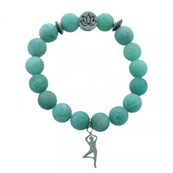 Bracelet Amazonite Perles rondes 10 mm Breloque Yoga Arbre - 1