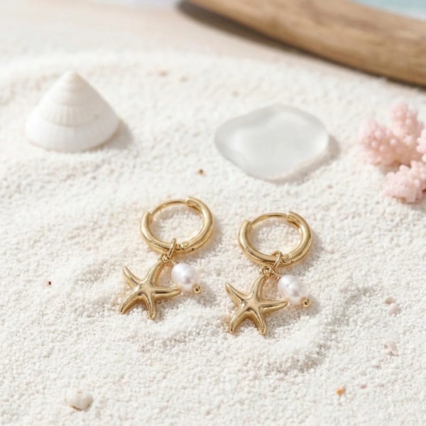 Boucles d’Oreilles Créoles Dorées Étoile & Perle - Bohème Chic - 2