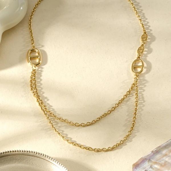 Collier Double Chaîne Femme – Maille Chaîne d’Encre & Détails Ovales Modernes - 1