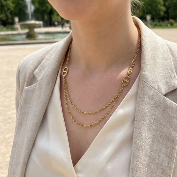 Collier Double Chaîne Femme – Maille Chaîne d’Encre & Détails Ovales Modernes - 2