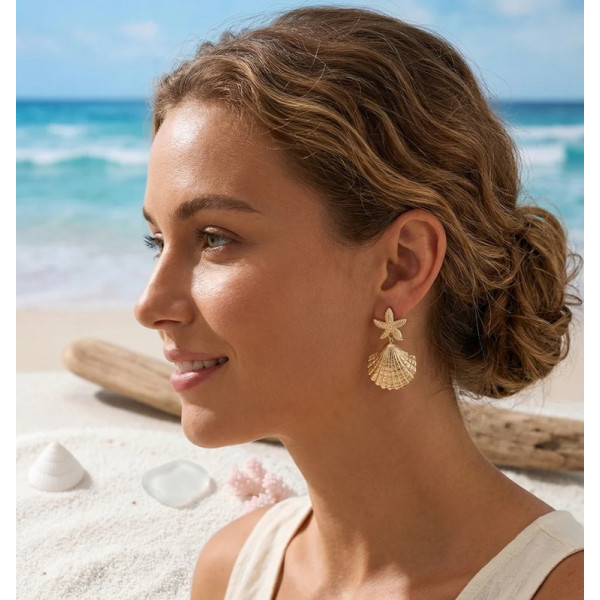 Boucles d’oreilles étoile de mer & coquillage dorées – Bijou été chic - 1