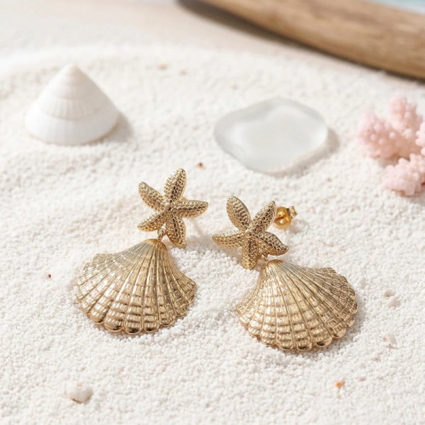 Boucles d’oreilles étoile de mer & coquillage dorées – Bijou été chic - 2