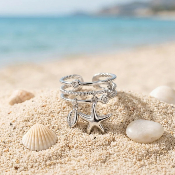 Bague étoile de mer argentée ajustable – Triple anneau chic & strass - 1
