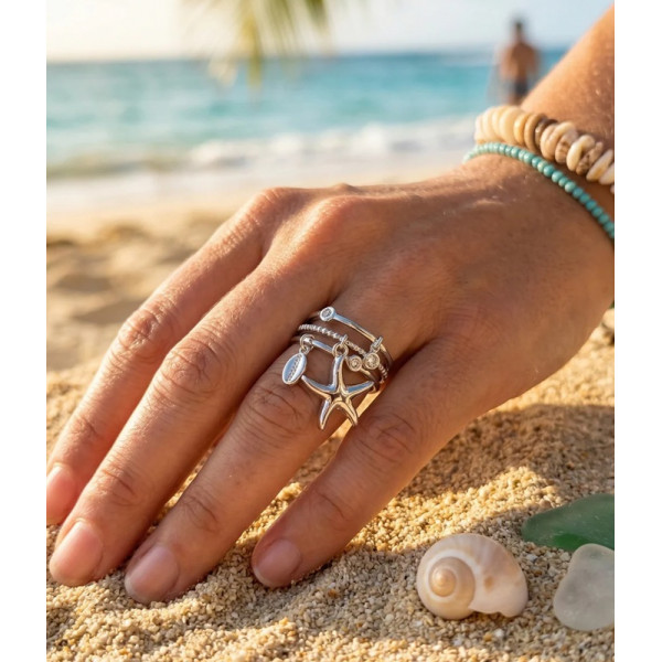 Bague étoile de mer argentée ajustable – Triple anneau chic & strass - 2