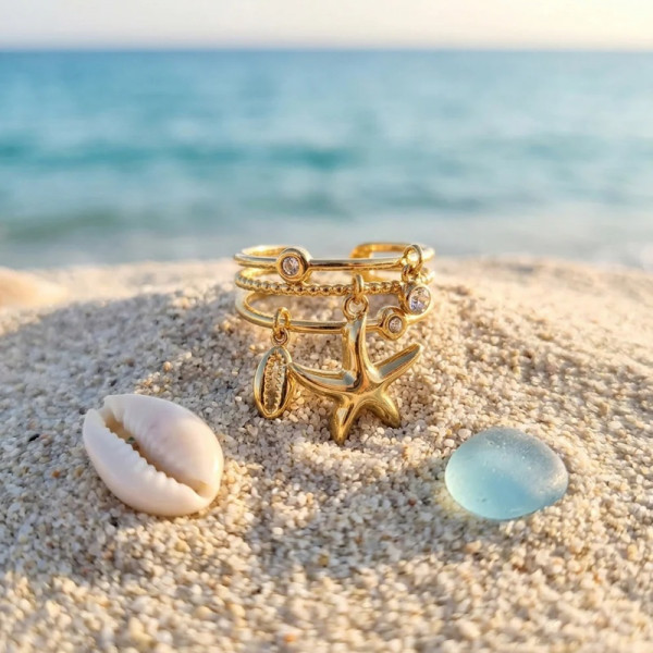 Bague étoile de mer dorée ajustable – Triple anneau chic & lumineux - 1