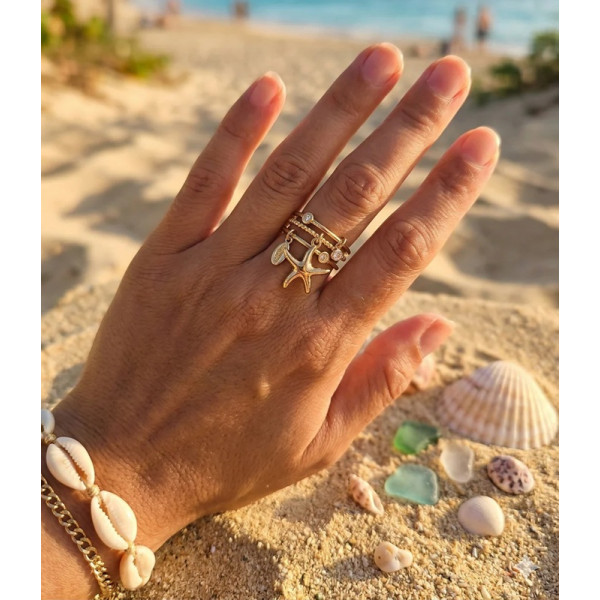 Bague étoile de mer dorée ajustable – Triple anneau chic & lumineux - 2