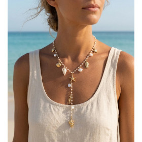 Collier doré en Y perles et charms marins - Acier inoxydable - 1