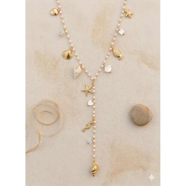 Collier doré en Y perles et charms marins - Acier inoxydable - 2