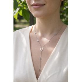 Collier en Y Argenté Motifs Ovales Ajourés & Chaîne Ancre - 1