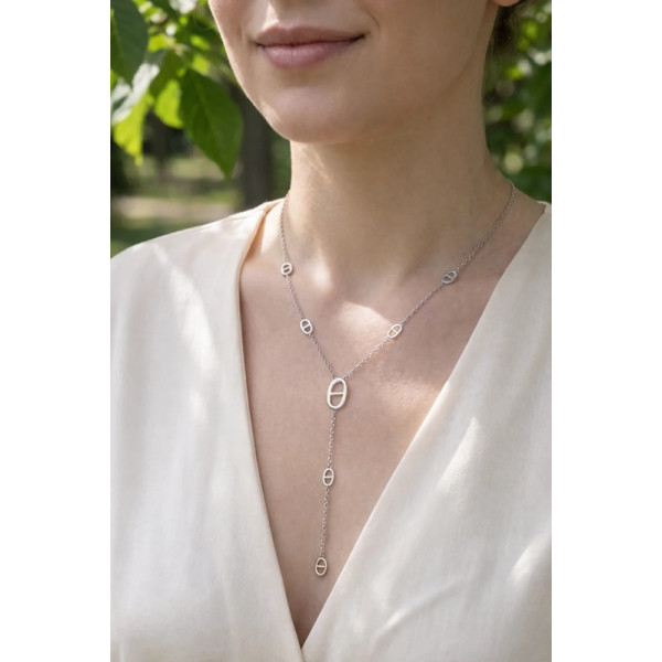 Collier en Y Argenté Motifs Ovales Ajourés & Chaîne Ancre - 1