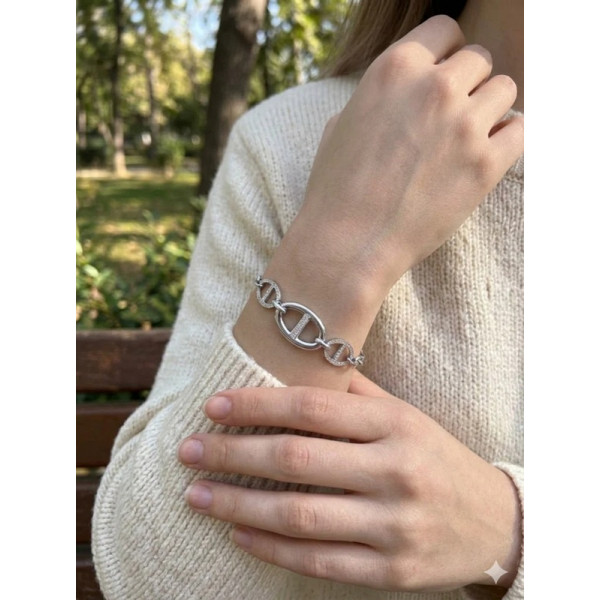 Bracelet Chaîne d’Ancre Argenté Maille Ovale & Pavés - 1