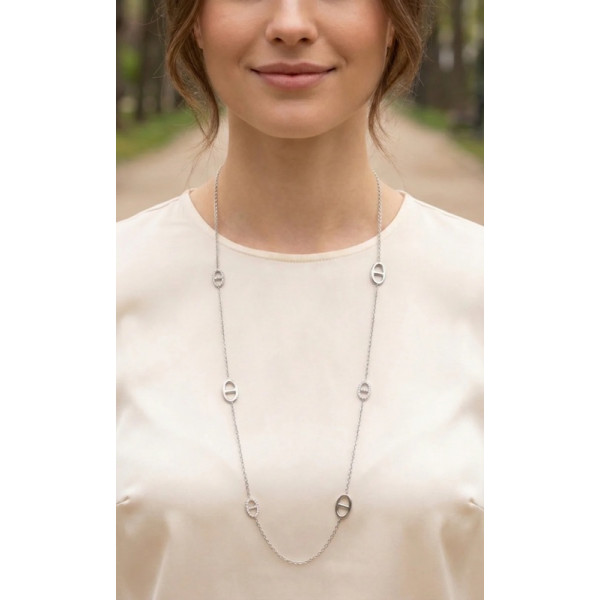 Collier sautoir argenté maillons chaîne d’ancre & strass - 1