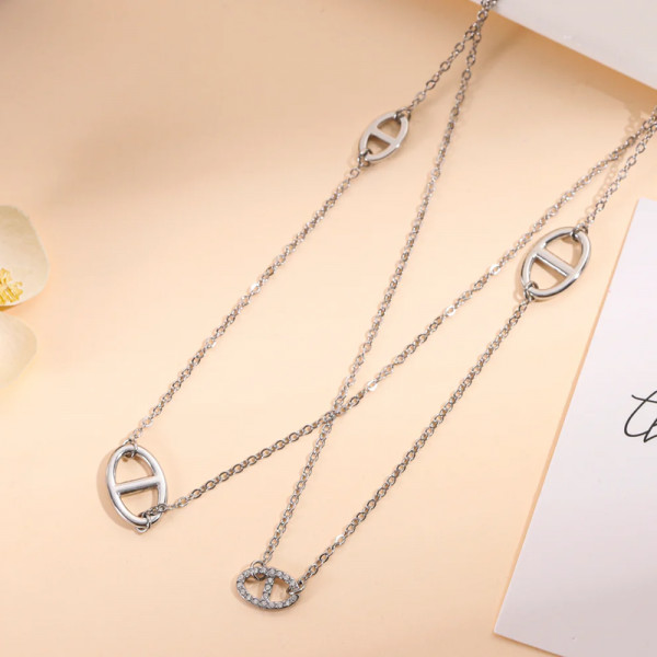 Collier sautoir argenté maillons chaîne d’ancre & strass - 2